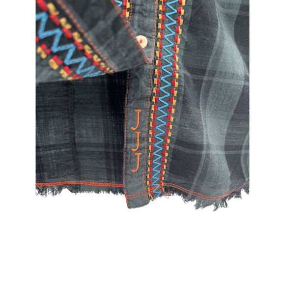 3J Workshop Johnny Was Plaid Shirt Embroidered Accents Fringe Hem Womens S - Picture 3 of 8